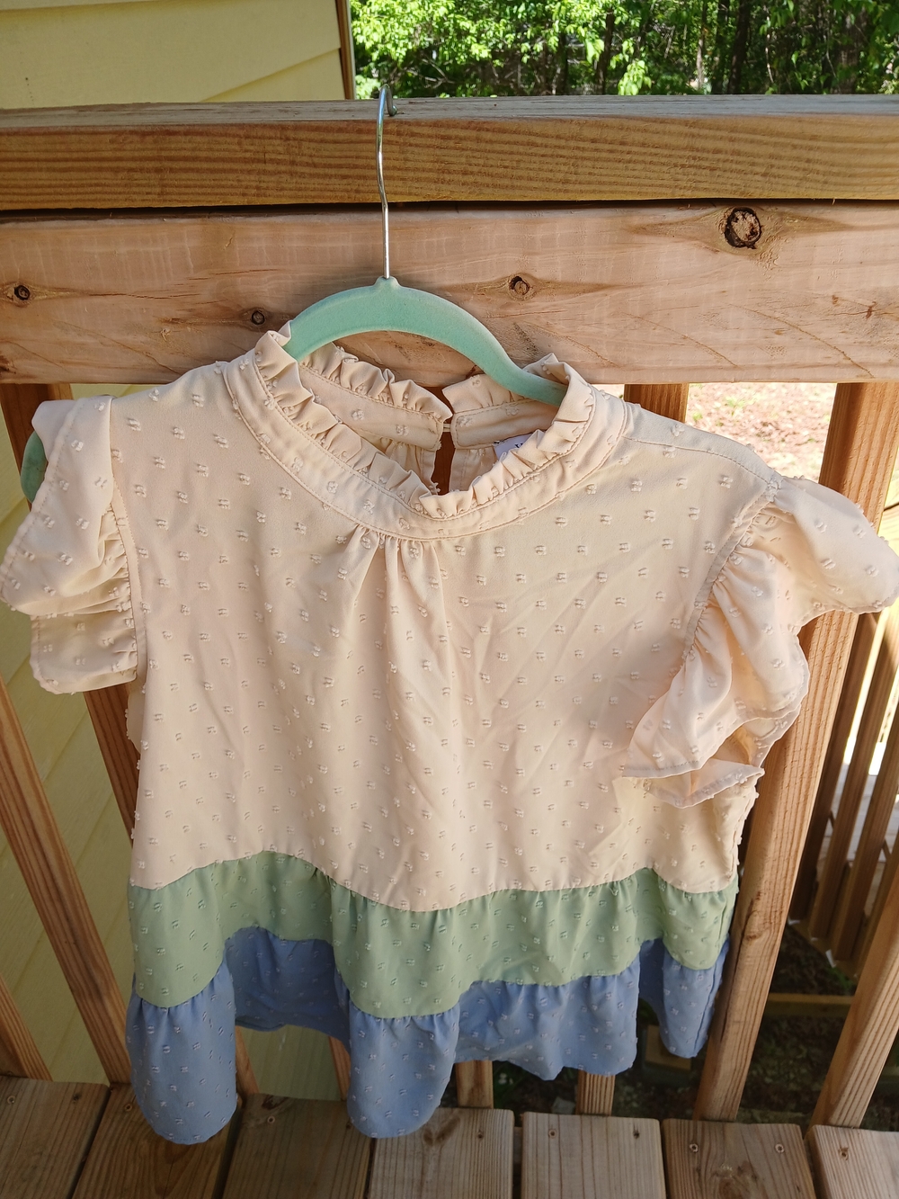 Women’s Cream Swiss Dot Ruffle Blouse with Green and Blue Tiers